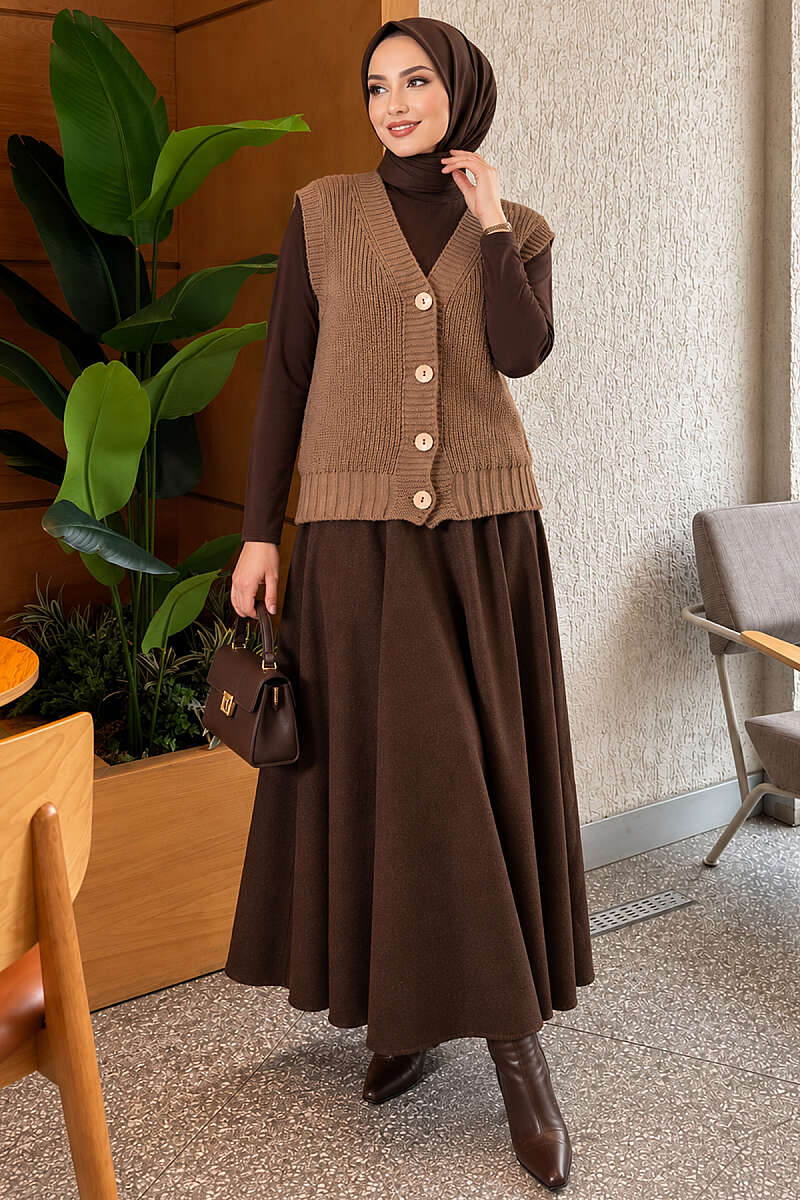 V-Neck Knit Vest with Button Front - Latte