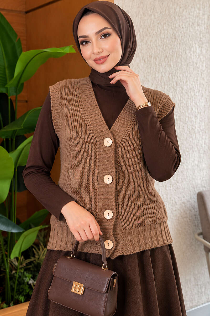 V-Neck Knit Vest with Button Front - Latte