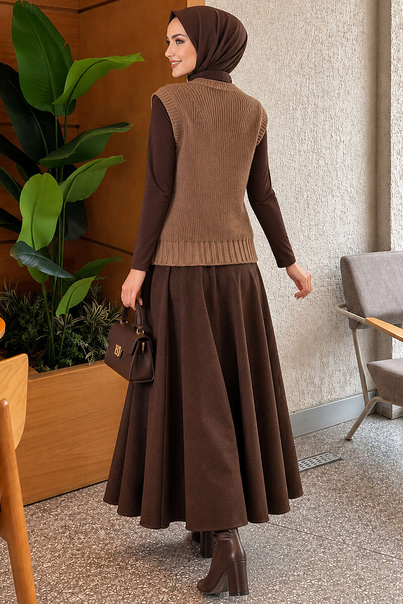 V-Neck Knit Vest with Button Front - Latte