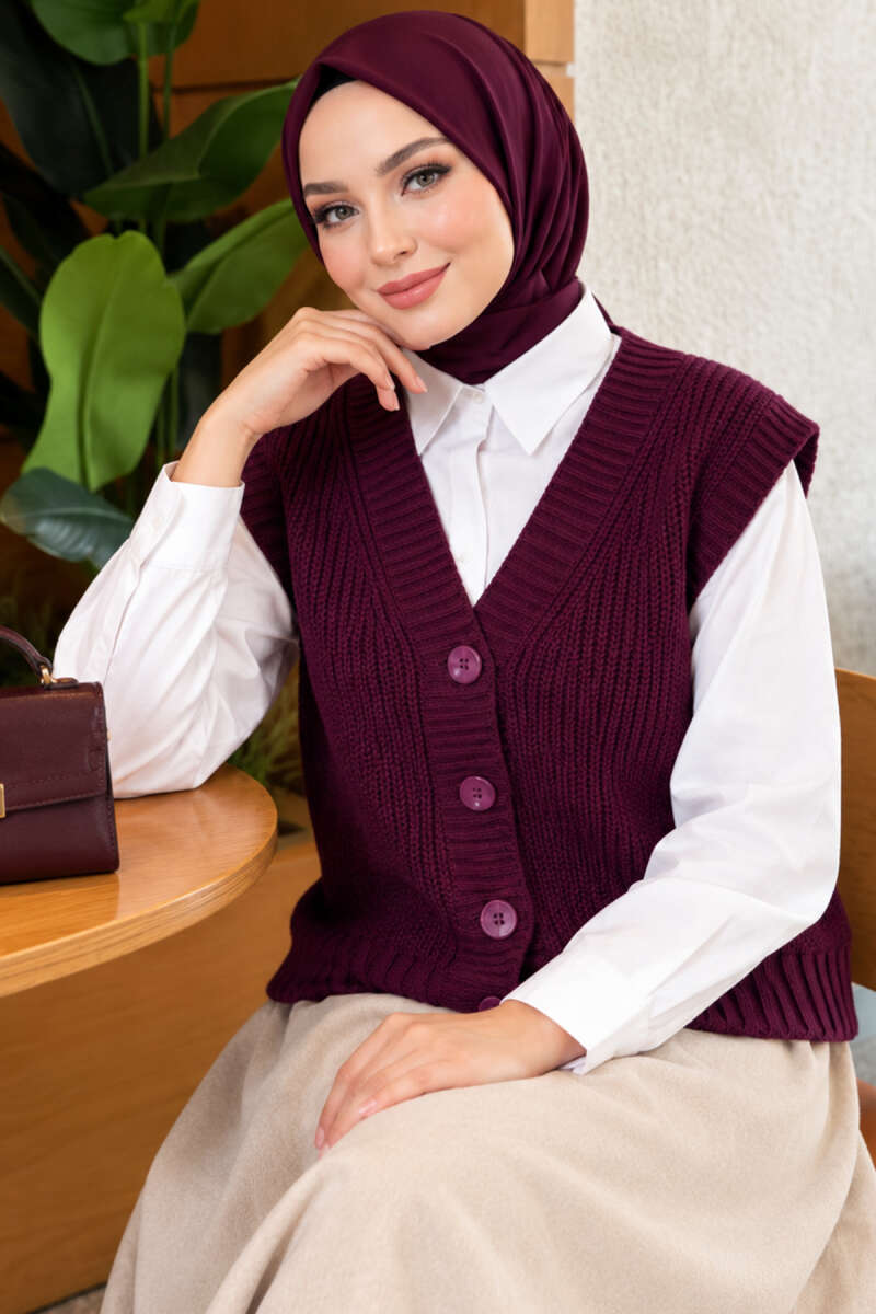 V-Neck Knit Vest with Button Front - Plum