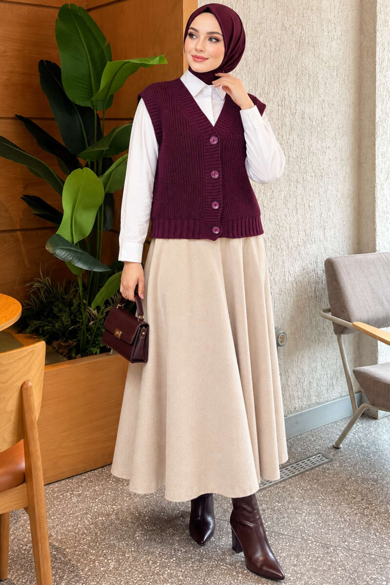 V-Neck Knit Vest with Button Front - Plum