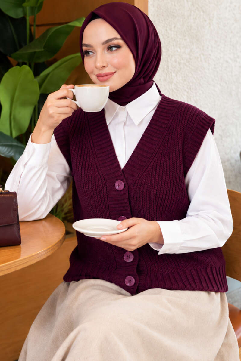 V-Neck Knit Vest with Button Front - Plum