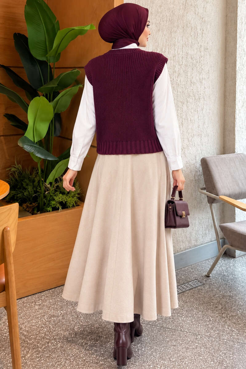 V-Neck Knit Vest with Button Front - Plum