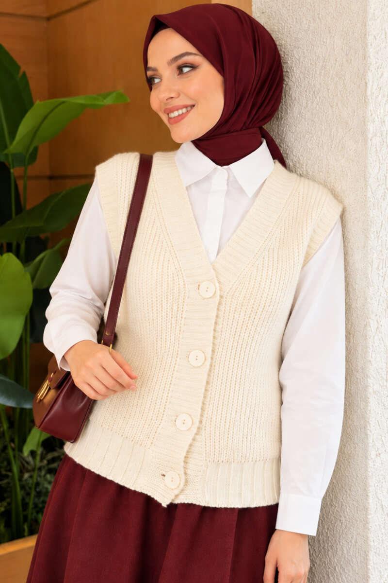 V-Neck Knit Vest with Button Front - Stone