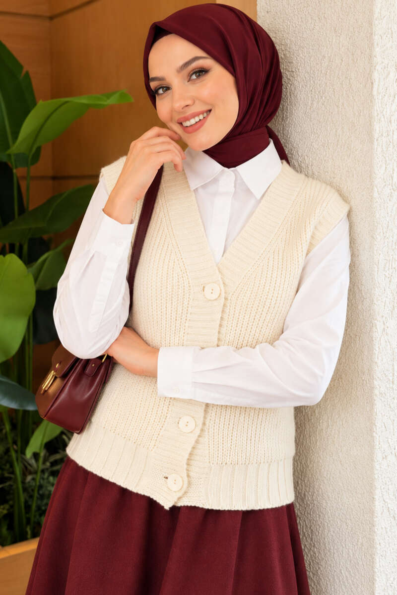 V-Neck Knit Vest with Button Front - Stone