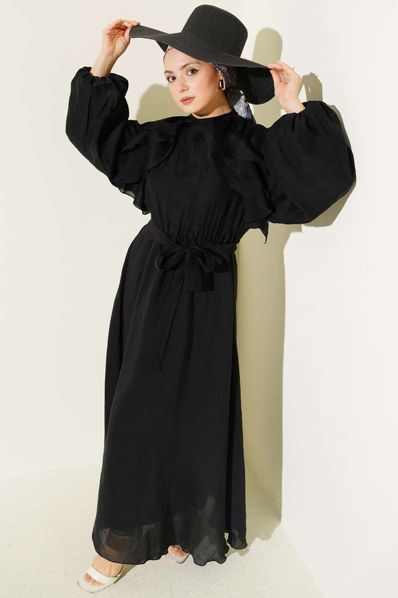 Belted Ruffle-Front Dress with Elastic Waist - Black
