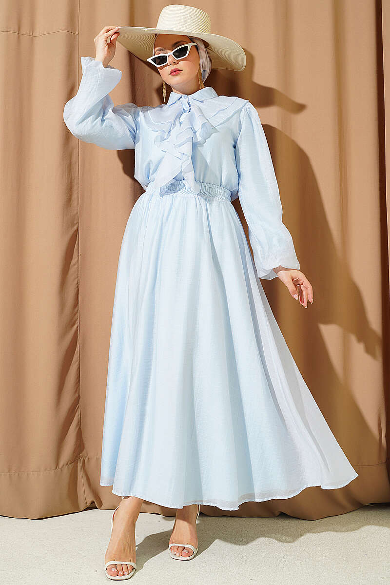 Ruffle-Front Blouse and Skirt Set - Light Blue