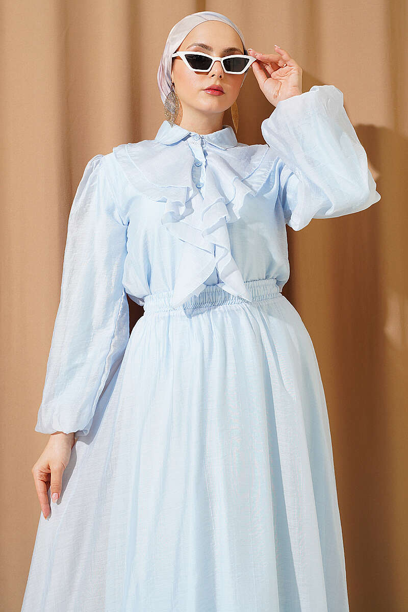 Ruffle-Front Blouse and Skirt Set - Light Blue