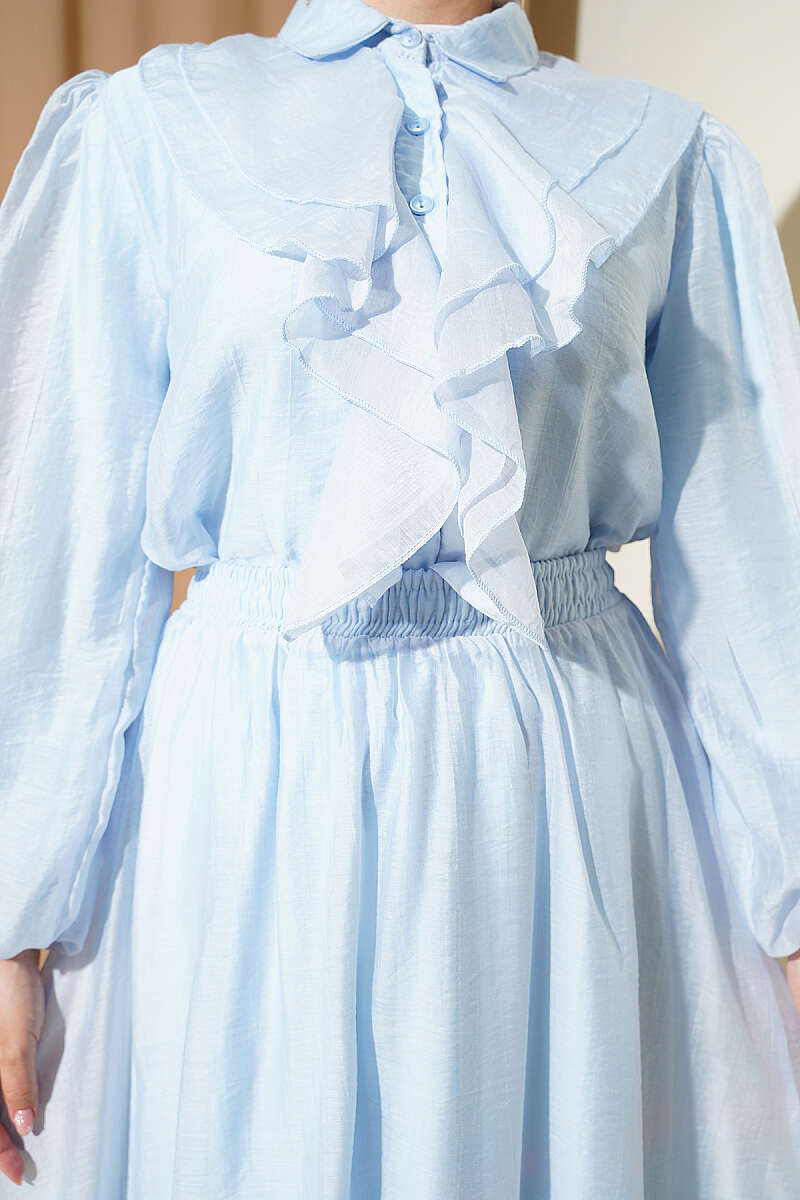 Ruffle-Front Blouse and Skirt Set - Light Blue