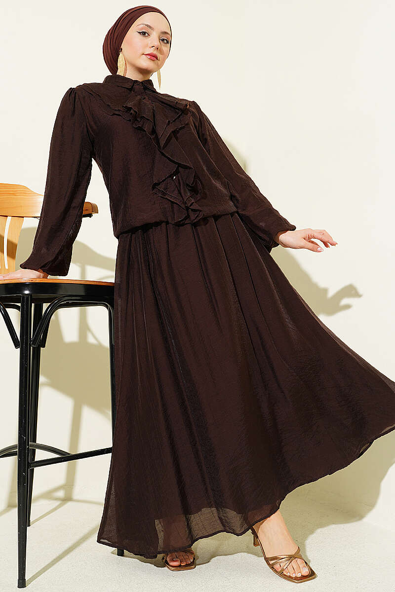 Ruffle-Front Blouse and Skirt Set - Brown