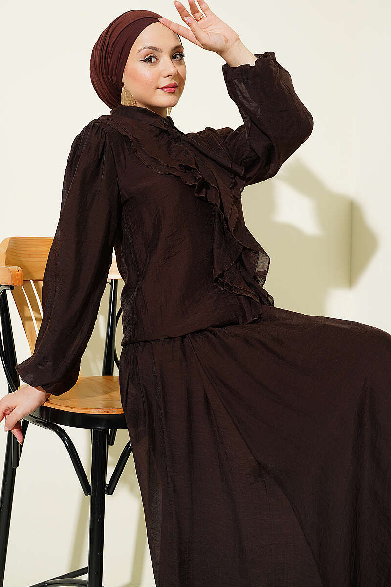 Ruffle-Front Blouse and Skirt Set - Brown