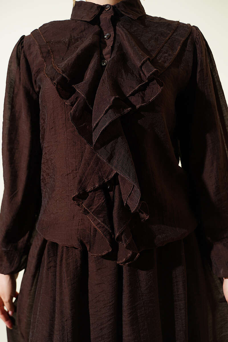 Ruffle-Front Blouse and Skirt Set - Brown