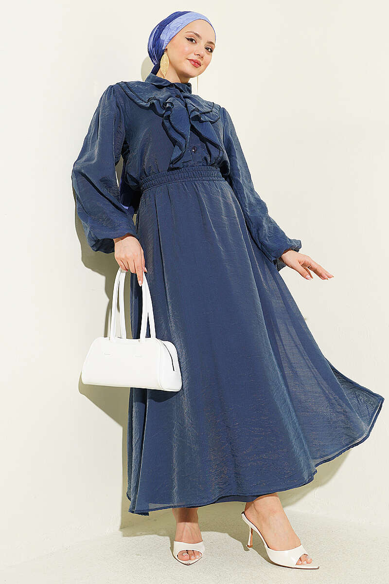 Ruffle-Front Blouse and Skirt Set - Navy