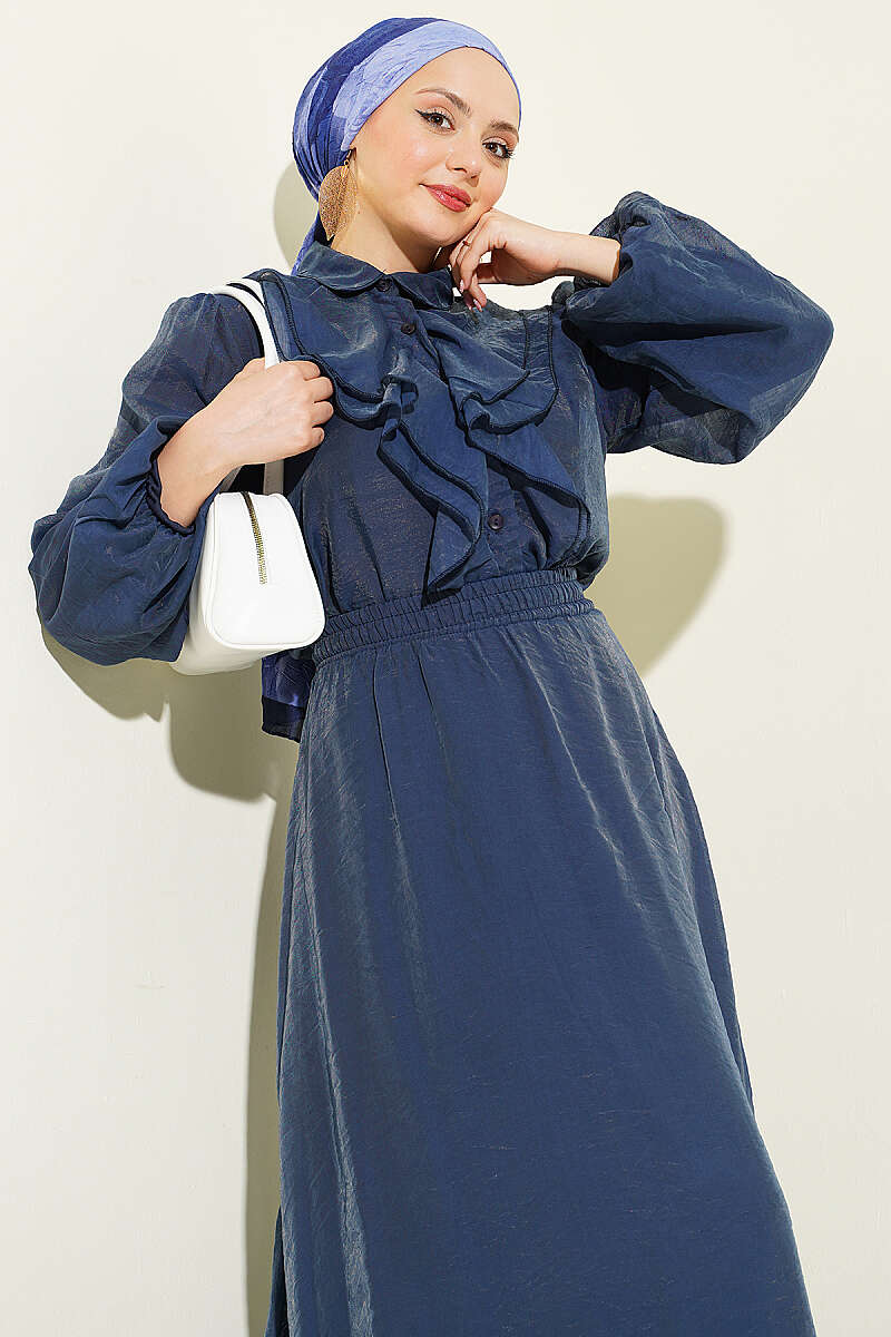 Ruffle-Front Blouse and Skirt Set - Navy