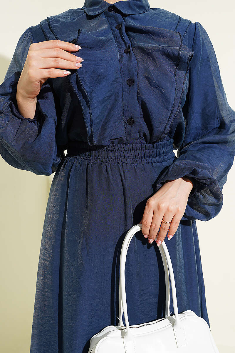 Ruffle-Front Blouse and Skirt Set - Navy