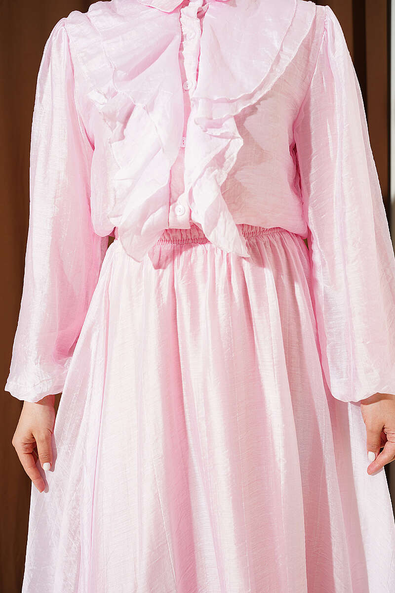 Ruffle-Front Blouse and Skirt Set - Pink