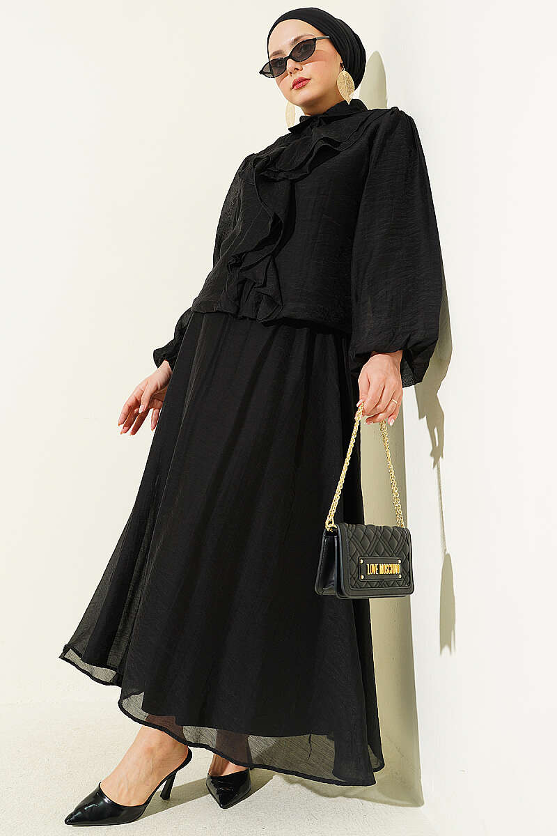 Ruffle-Front Blouse and Skirt Set - Black