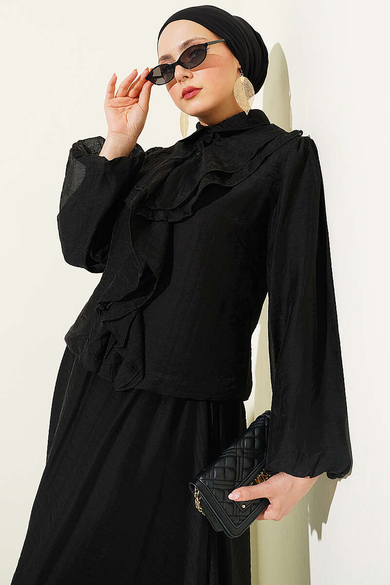 Ruffle-Front Blouse and Skirt Set - Black