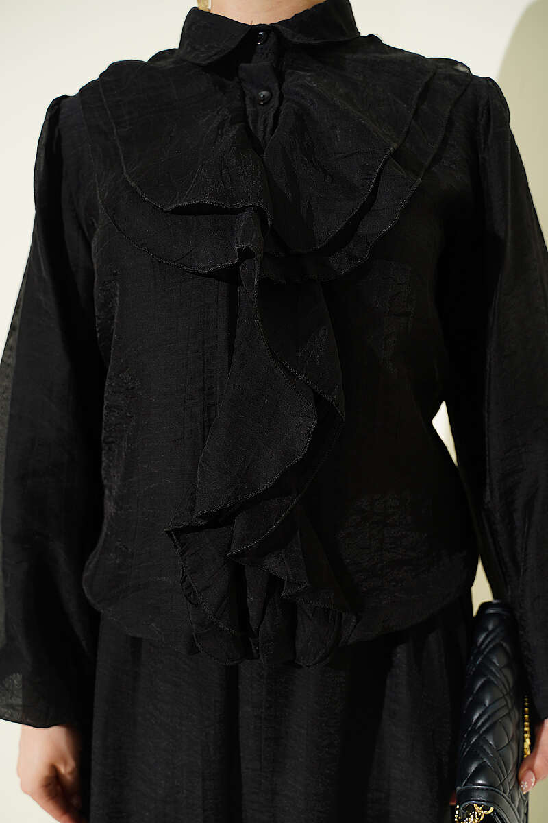 Ruffle-Front Blouse and Skirt Set - Black