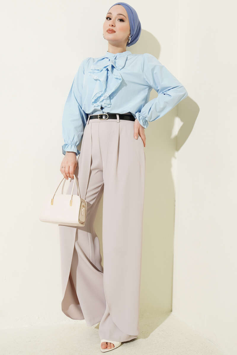 Short Lace Shirt with Front Ruffle - Blue