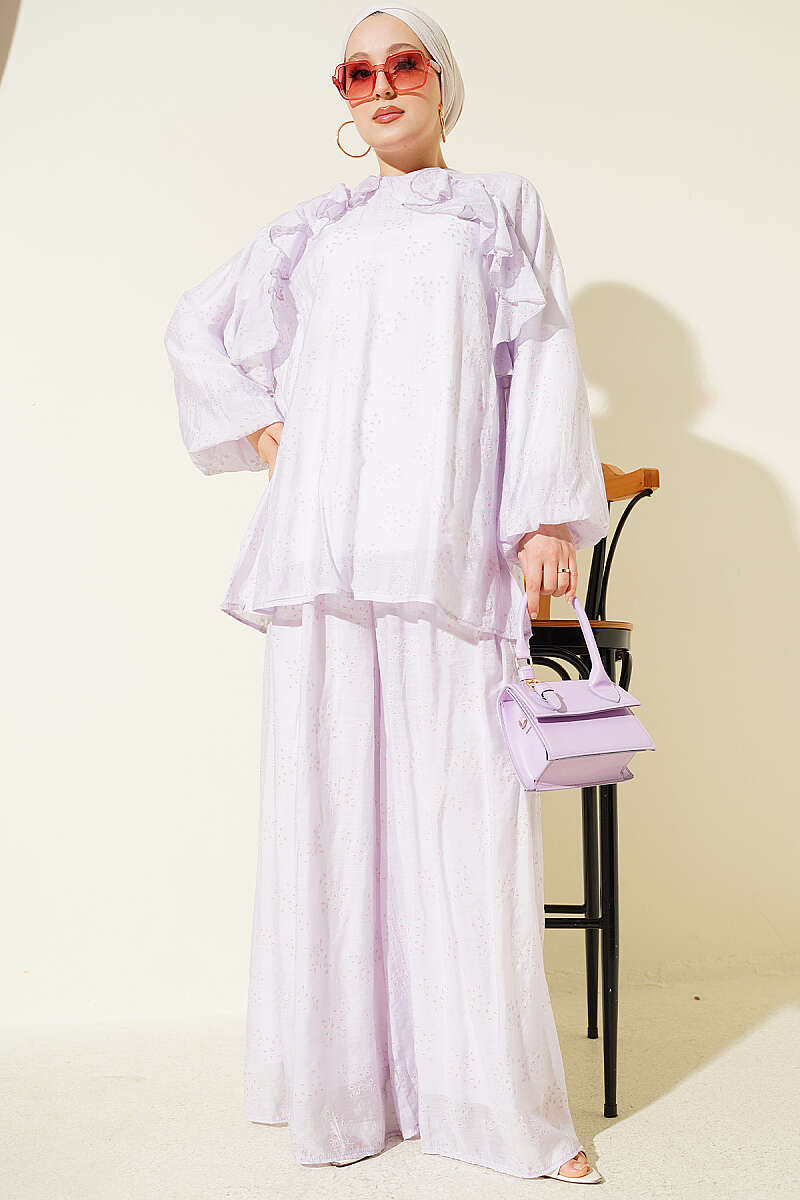 Loose Patterned Two-Piece Set with Ruffled Front - Lilac