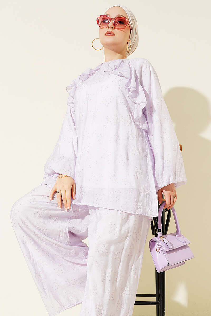 Loose Patterned Two-Piece Set with Ruffled Front - Lilac