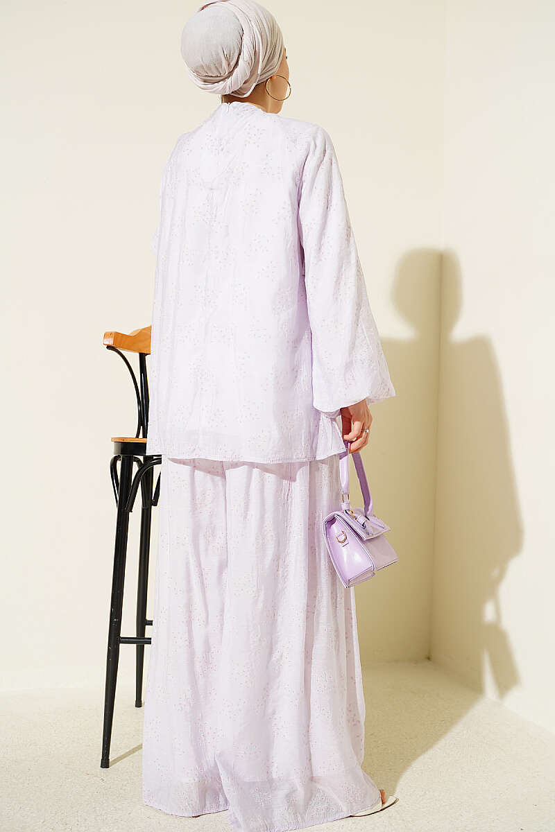 Loose Patterned Two-Piece Set with Ruffled Front - Lilac