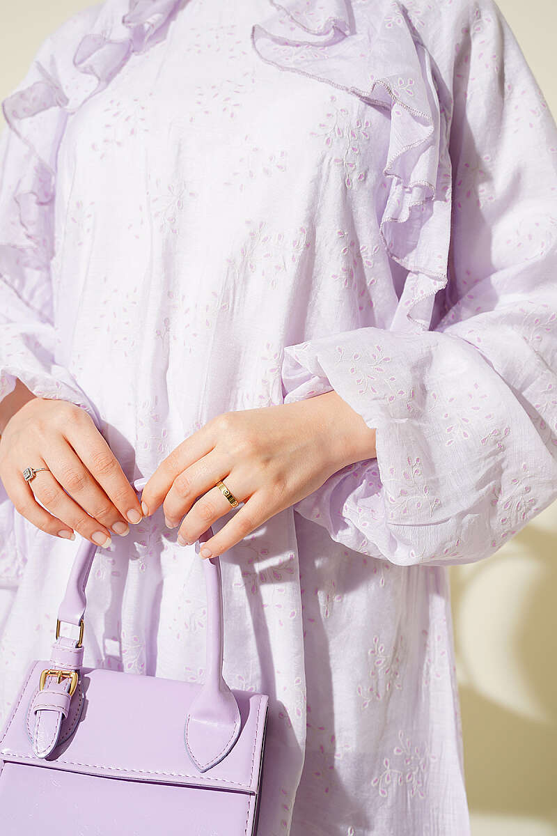 Loose Patterned Two-Piece Set with Ruffled Front - Lilac