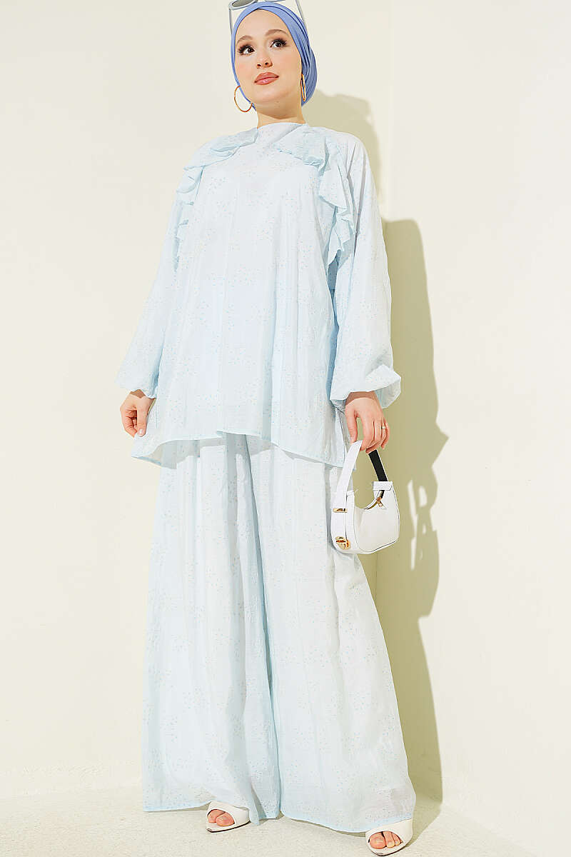 Loose Patterned Two-Piece Set with Ruffled Front - Blue