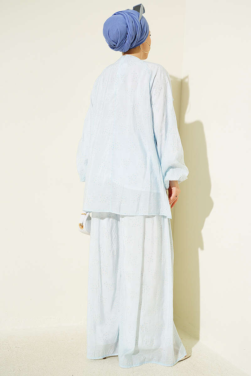 Loose Patterned Two-Piece Set with Ruffled Front - Blue