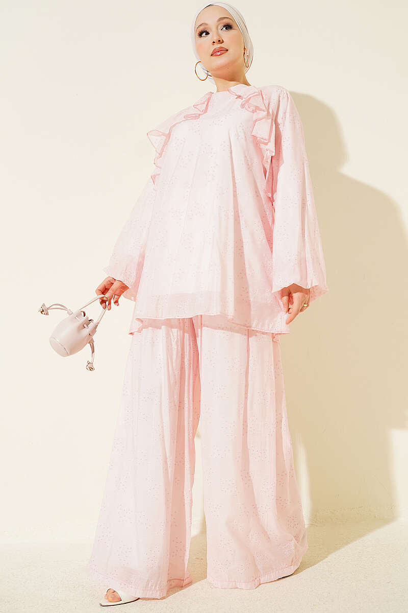 Loose Patterned Two-Piece Set with Ruffled Front - Pink