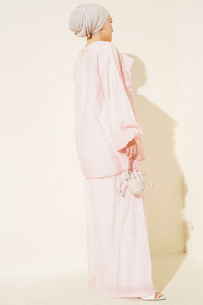 Loose Patterned Two-Piece Set with Ruffled Front - Pink