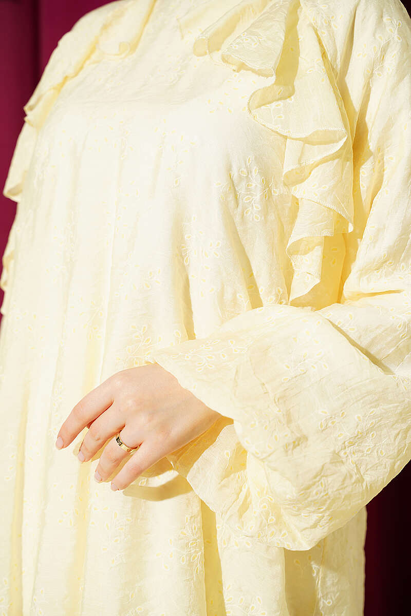Loose Patterned Two-Piece Set with Ruffled Front - Yellow