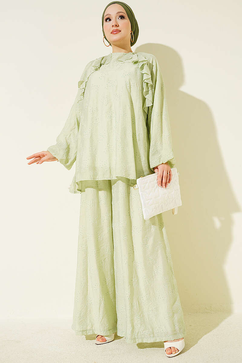 Loose Patterned Two-Piece Set with Ruffled Front - Green