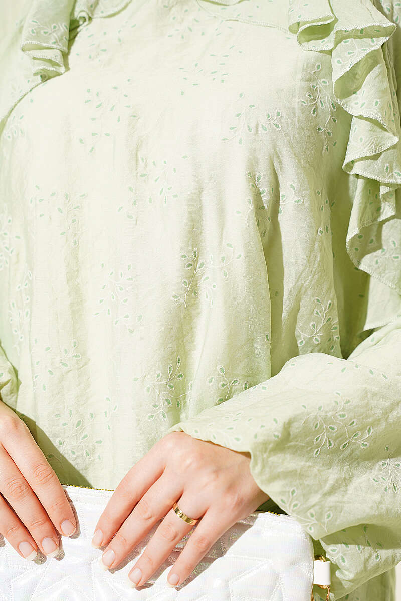 Loose Patterned Two-Piece Set with Ruffled Front - Green
