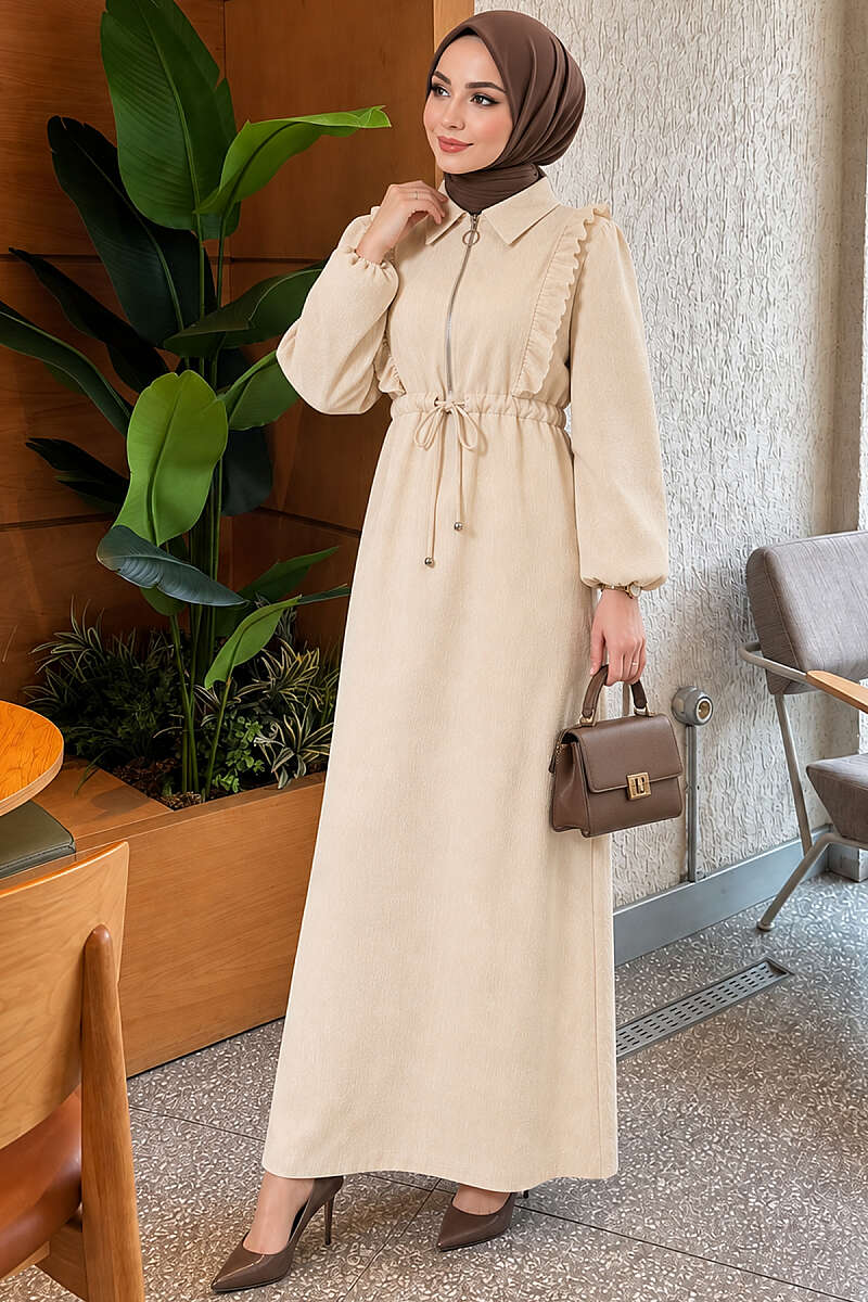 Zip-Front Dress with Ruffled Front - Beige