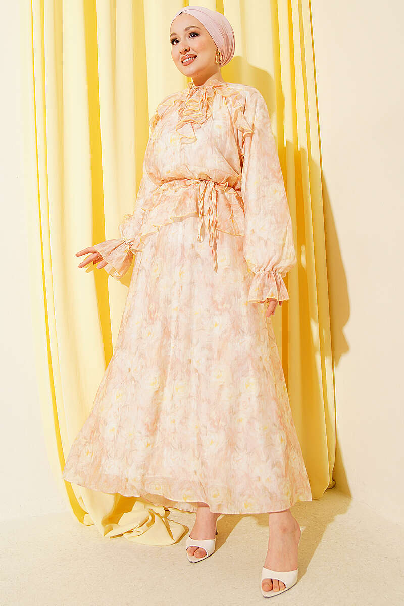 Patterned Dress with Ruffled Front and Cord Belt - Powder