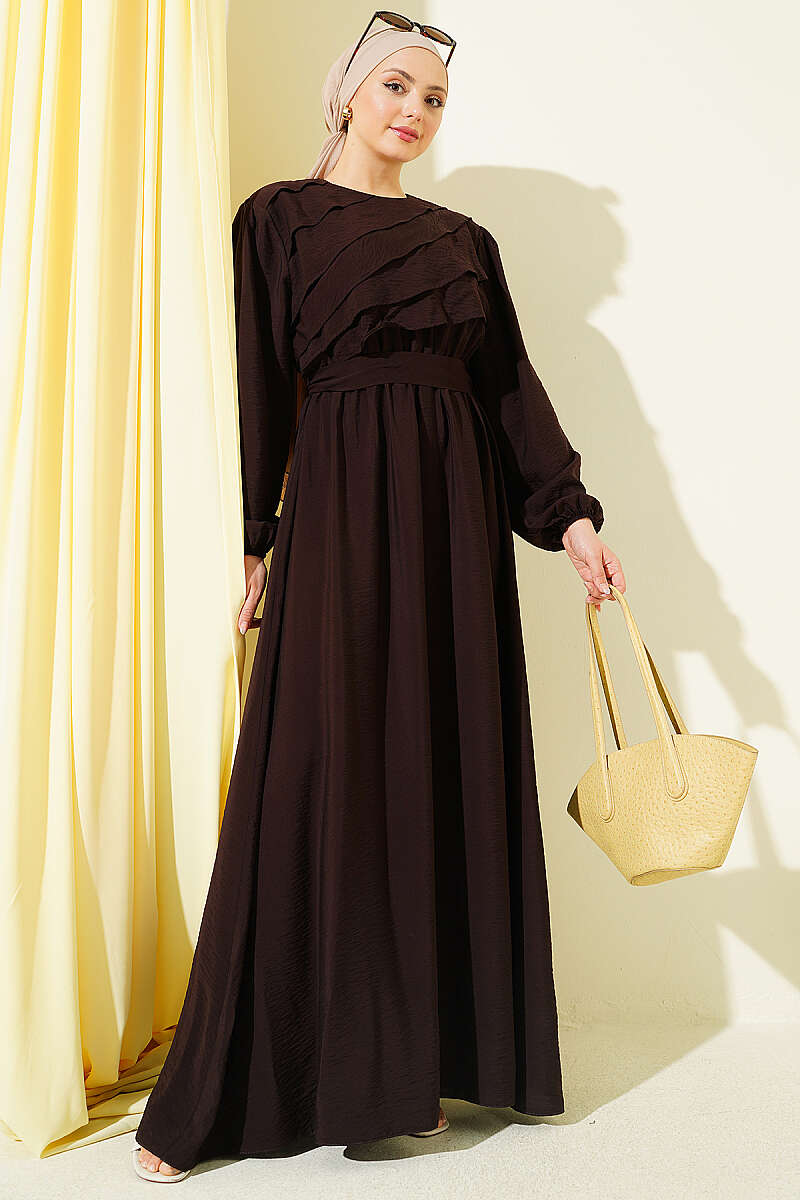 Belted Dress with Front Ruffle - Dark Brown