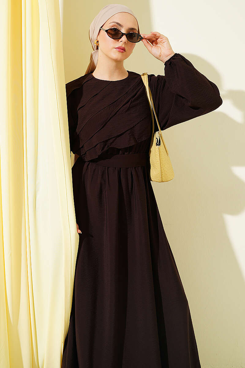 Belted Dress with Front Ruffle - Dark Brown