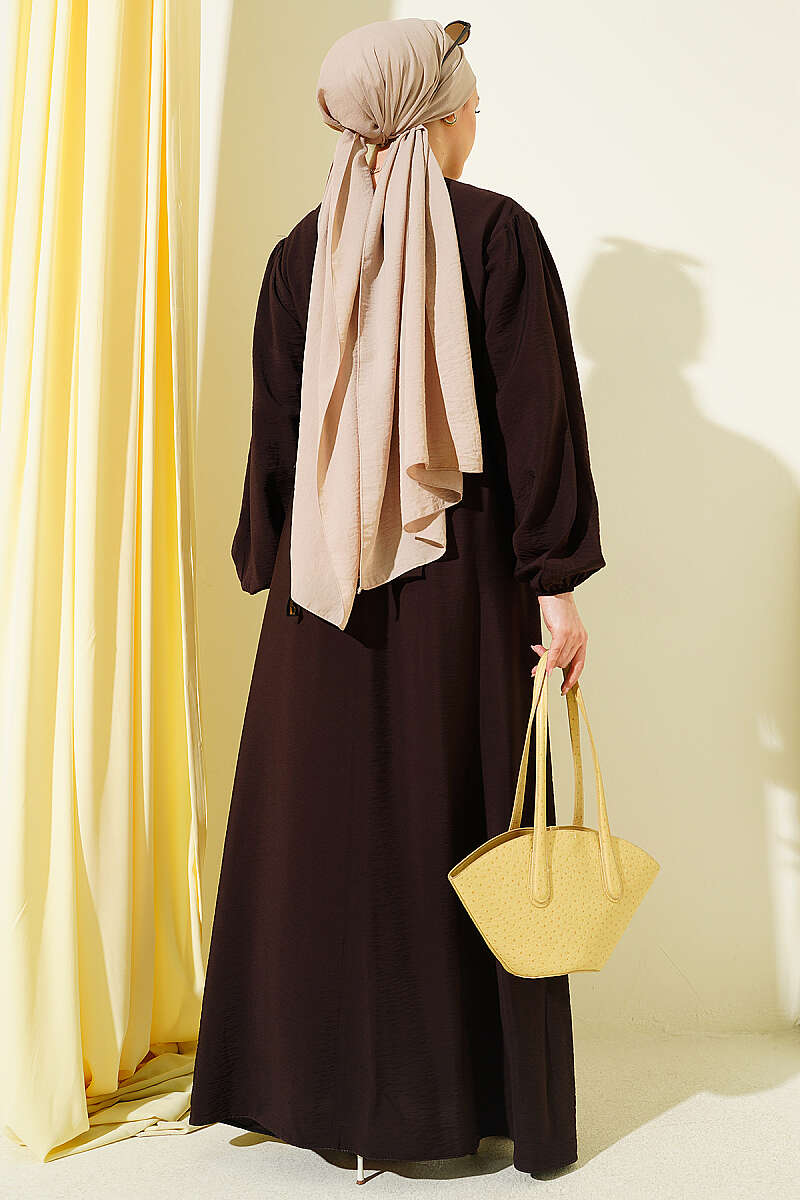 Belted Dress with Front Ruffle - Dark Brown