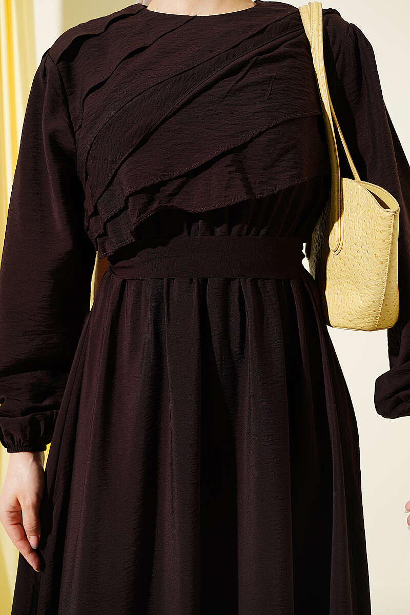 Belted Dress with Front Ruffle - Dark Brown