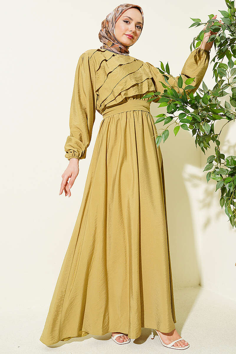 Belted Dress with Front Ruffle - Almond Green