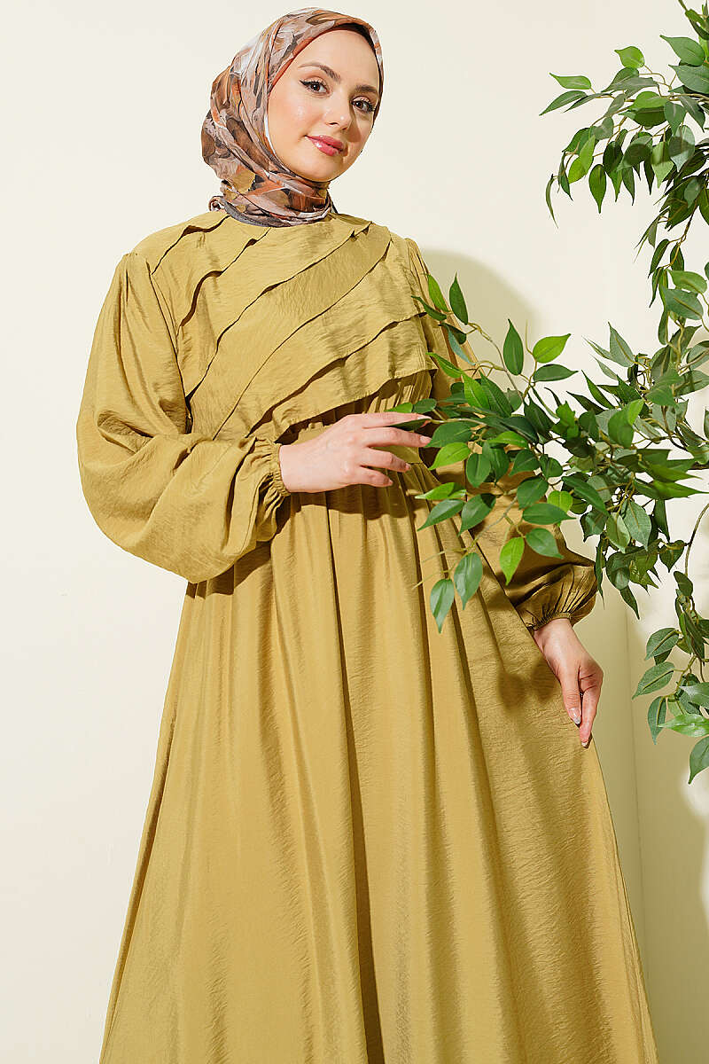 Belted Dress with Front Ruffle - Almond Green