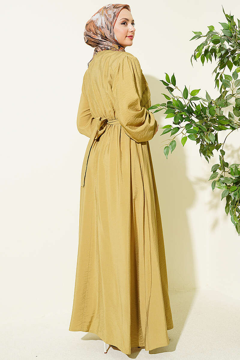 Belted Dress with Front Ruffle - Almond Green