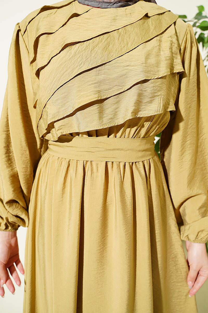 Belted Dress with Front Ruffle - Almond Green