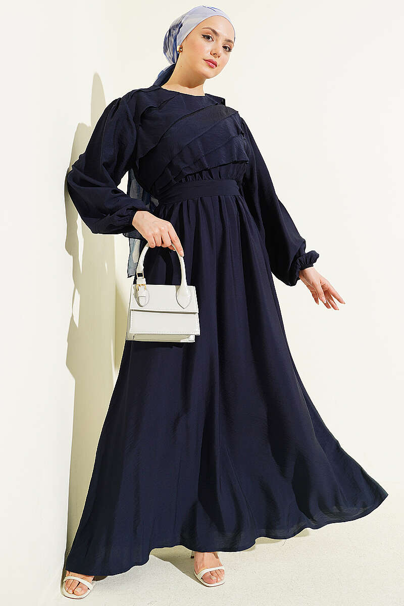 Belted Dress with Front Ruffle - Navy