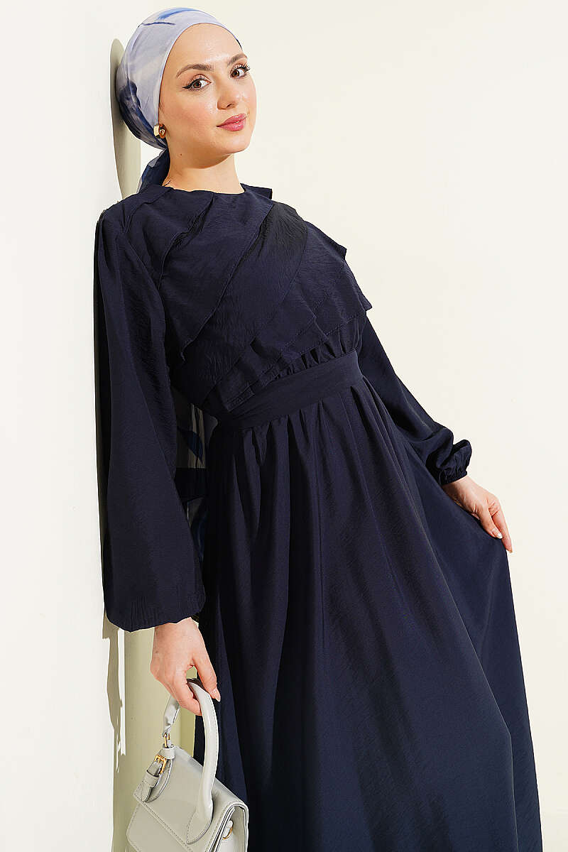 Belted Dress with Front Ruffle - Navy