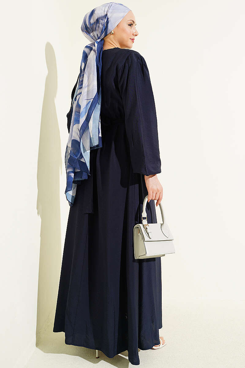 Belted Dress with Front Ruffle - Navy