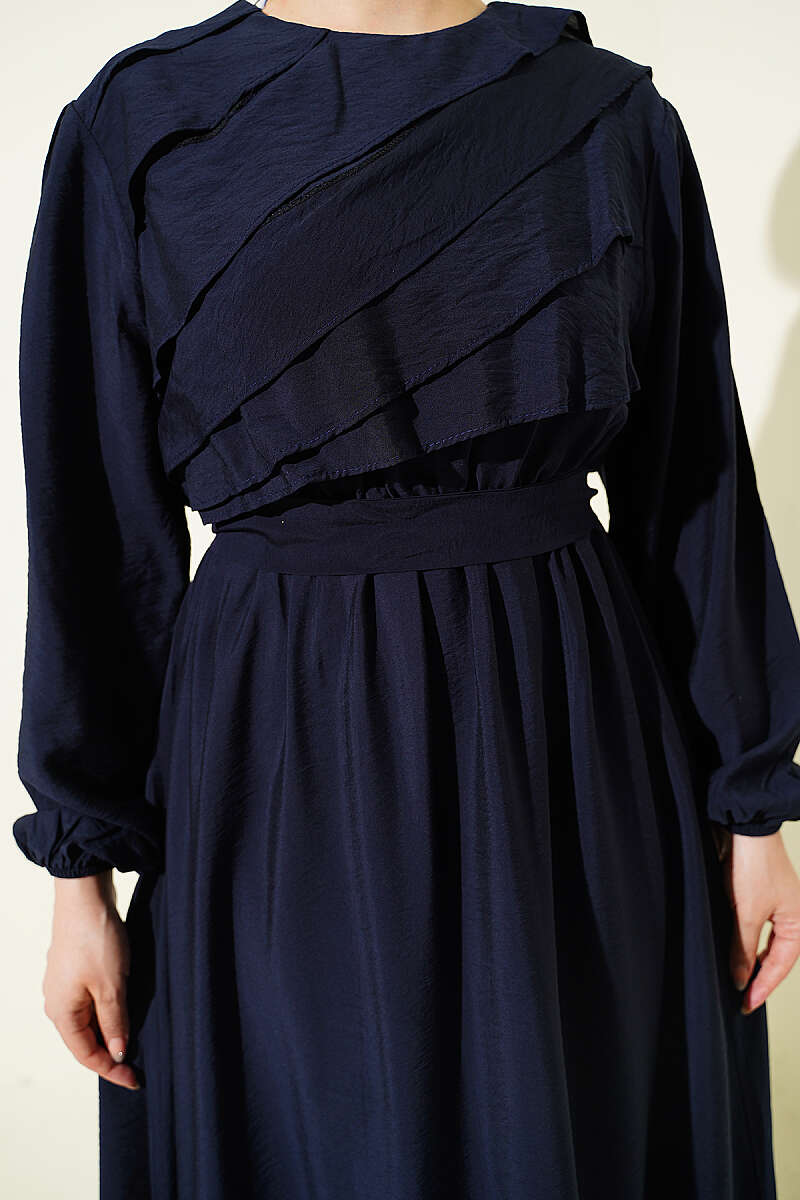 Belted Dress with Front Ruffle - Navy