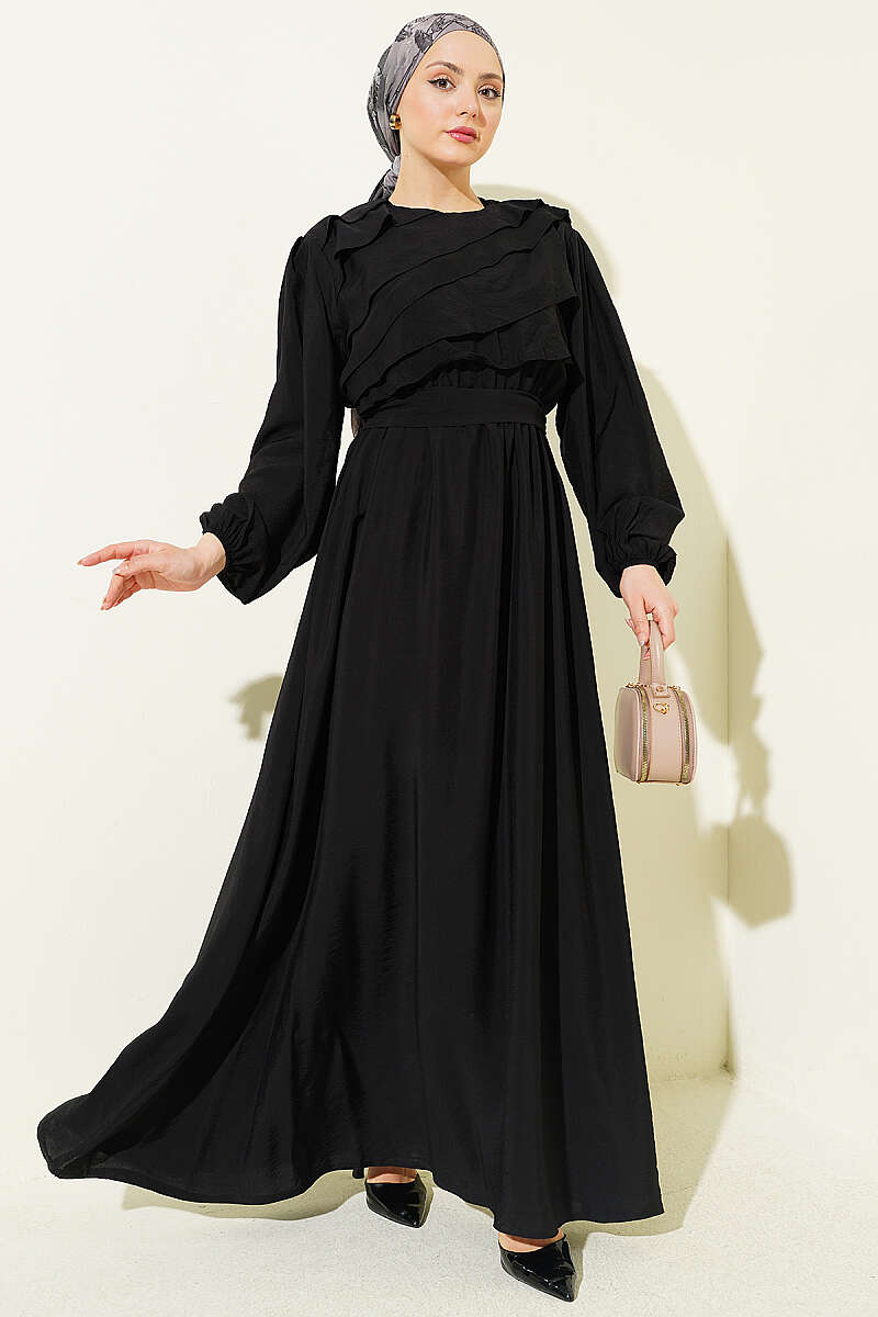 Belted Dress with Front Ruffle - Black